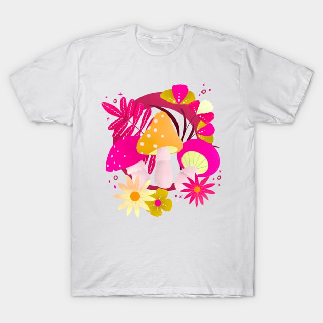 Magenta and orange retro flowers and mushrooms T-Shirt by Home Cyn Home 